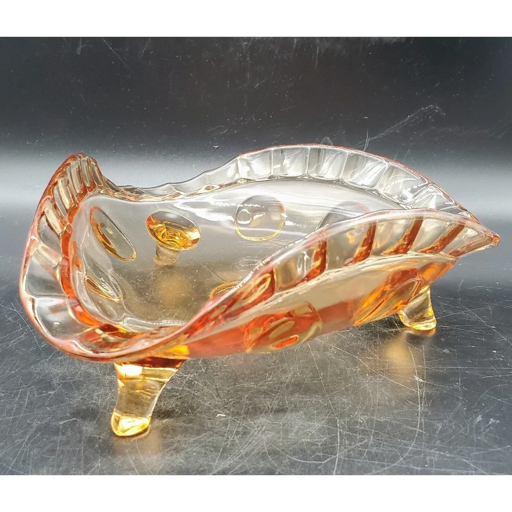 Vintage New Martinsville Glass Amber Thumbprint Footed Bowl Dish 7